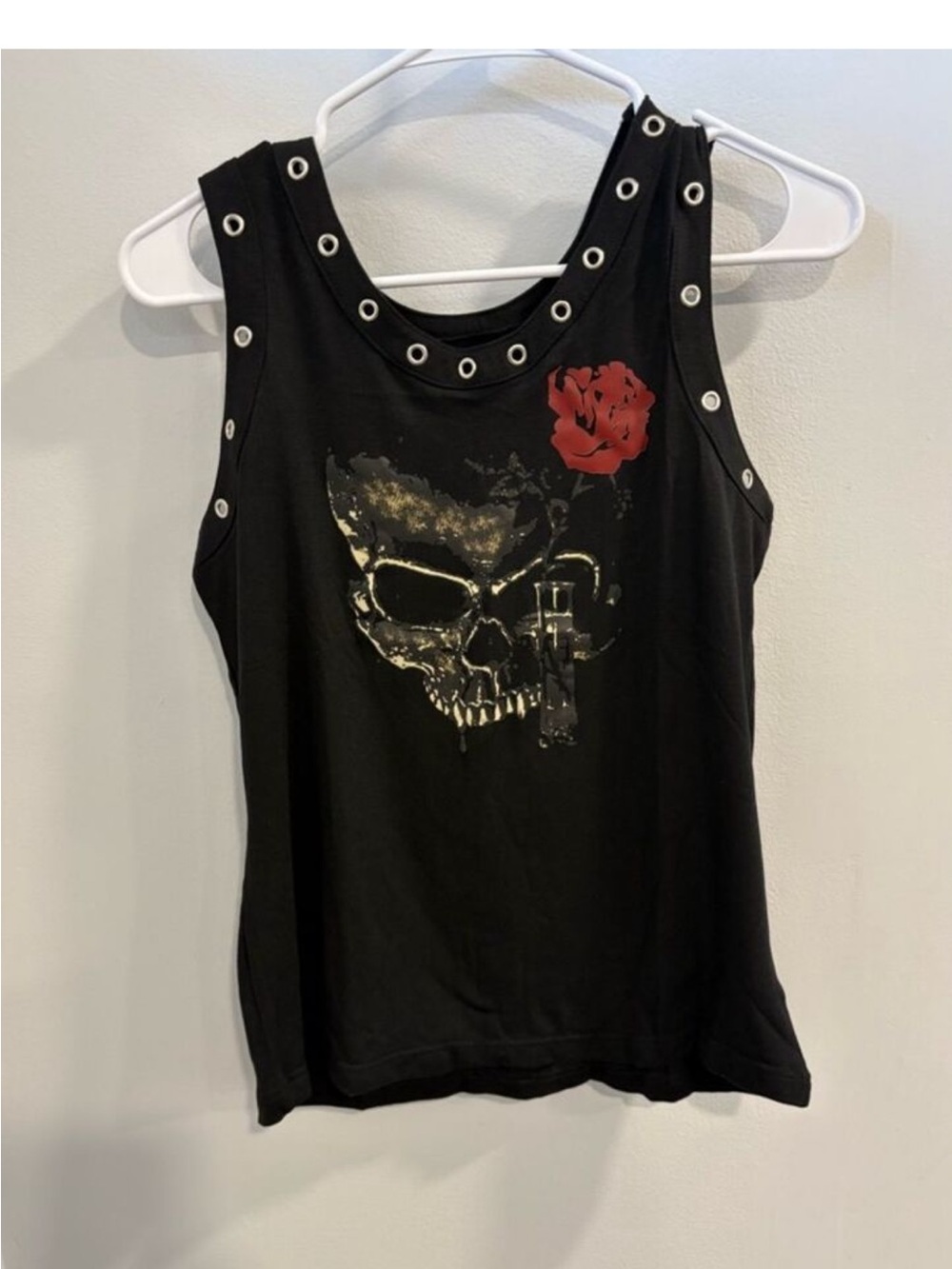 Black Skull & Red Rose Eyelet Tank Top
